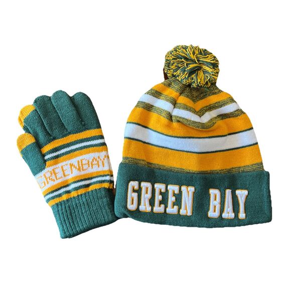 Football Team Green Bay Packers Unisex Winter Hat Beanie Pom & Gloves Set New - Picture 1 of 8